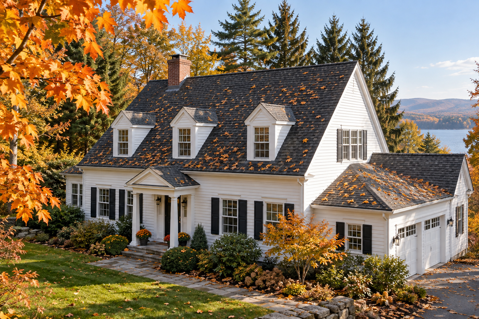 Classic New England home framed by autumn trees